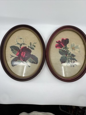 Set 2 VTG Oval Framed Rose Floral Needlepoint 13x10 Garden Cottage Core