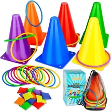 3 in 1 Carnival Games Set, Soft Plastic Cones Bean Bags Ring Toss Games for K...