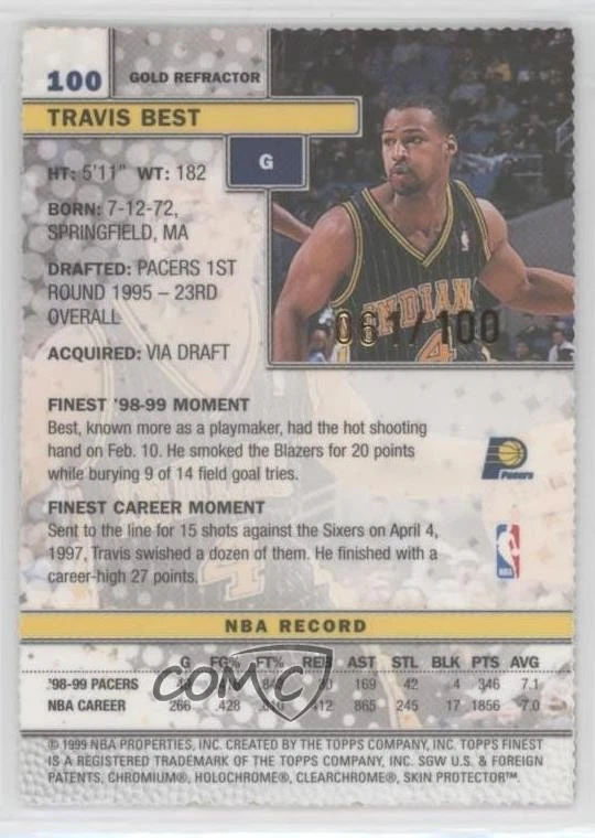 1999-00 Topps Finest Gold Refractor /100 Travis Best #100 - Image 2 of 2