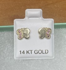 14k Solid Gold Pink Butterfly Stud Earrings With Safety Backing