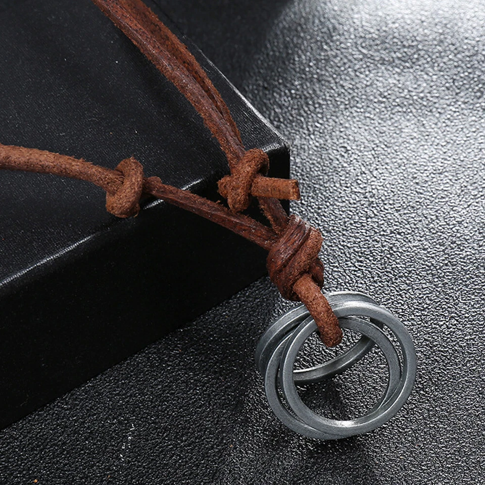 Gargantilla de surfista de cuero genuino colgante anillos de metal retro collar largo marrón para hombre Foto 4 de 4