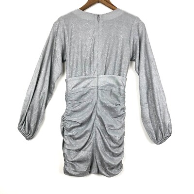 Babyboo Estelle Mini Dress Plunge V Neck Balloon Sleeve Silver Sparkle Sz  XS New | eBay UK