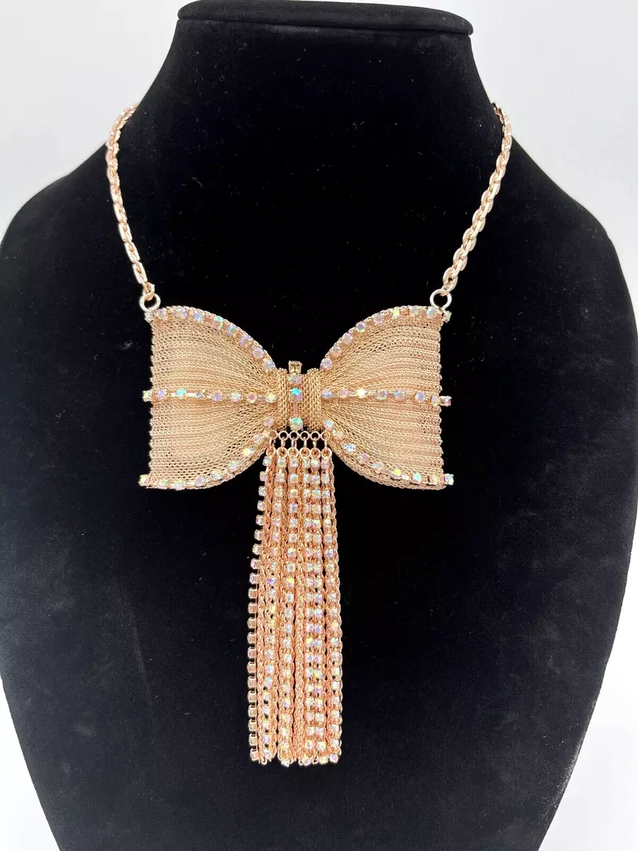 Betsey Johnson Rose Gold Big Bow Mesh Crystal Fringe Statement