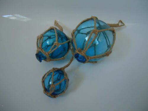 Turquoise Glass Fishing Boat Net Floats -Buoys Set Of 3 Blown Balls Bathroom - Picture 9 of 9