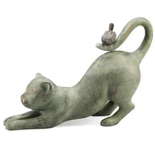 Aluminum Crouching Cat With Bird Decorative Garden Scuplture