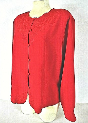 Notaciones Mujer Grande L/S Rojo BORDADO Escote y Dobladillo Botón Abajo Top (F)pm - Imagen 3 de 9