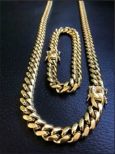 Men's Miami Cuban Link Bracelet & Chain Set Gold Plated Stainless Steel 14MM