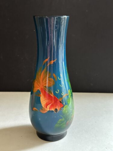 Vintage Japanese Koi Fish Lacquered Hand Painted Vase 7.5” Made in Vietnam - Picture 3 of 21