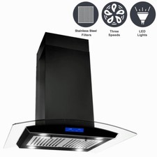 30inch Island Mount Range Hood 900CFM Touch Control 3speed vent LED Light Black