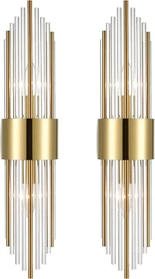 CLAXY 2-Light Modern Brushed Titanium Gold Wall Sconce with Clear Glass Crystal