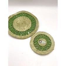 Vintage Green Rattan Trivet Set 70s Retro Kitchenware