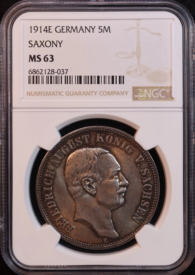 1914-E Germany Saxony "Friedrich August III" Silver 5 Marks -NGC MS63! Stunning! - Image 3 of 4