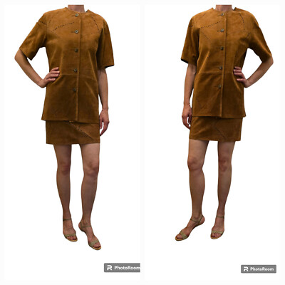 Giorgio Mobiani Scotchgard Couture Leder Kostüm Jacke Rock Gr. 36