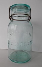 Vintage Aqua Putnam Lightning Quart Preserving Jar Wire Bales w/Lightning Lid