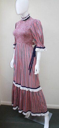 Vintage 1970er Valerie Goad gerafftes Mieder langes Baumwoll Prärie Kleid, 8/10/12 - Bild 9 von 15