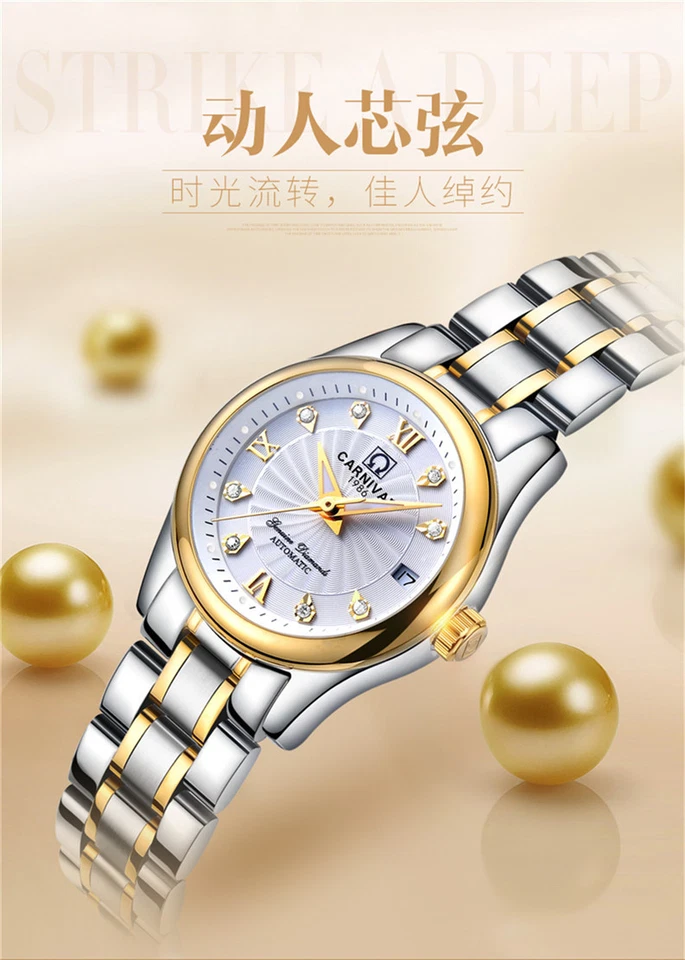 Reloj mecánico automático Carnaval para mujer 25 joyas reloj de vestir de lujo fecha Foto 2 de 4