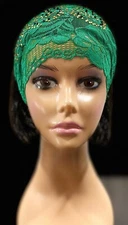 Under Hat / Under Scarf, One Piece Lace with Beads One Size fits All- Green