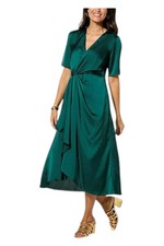 Nina Leonard Women's Hammered Satin Drape-Front Dress Emerald