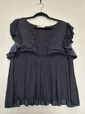 Mustard Seed Blouse Top Women's Navy Flowy Flutter Sleeve Empire Waist Ruffle L