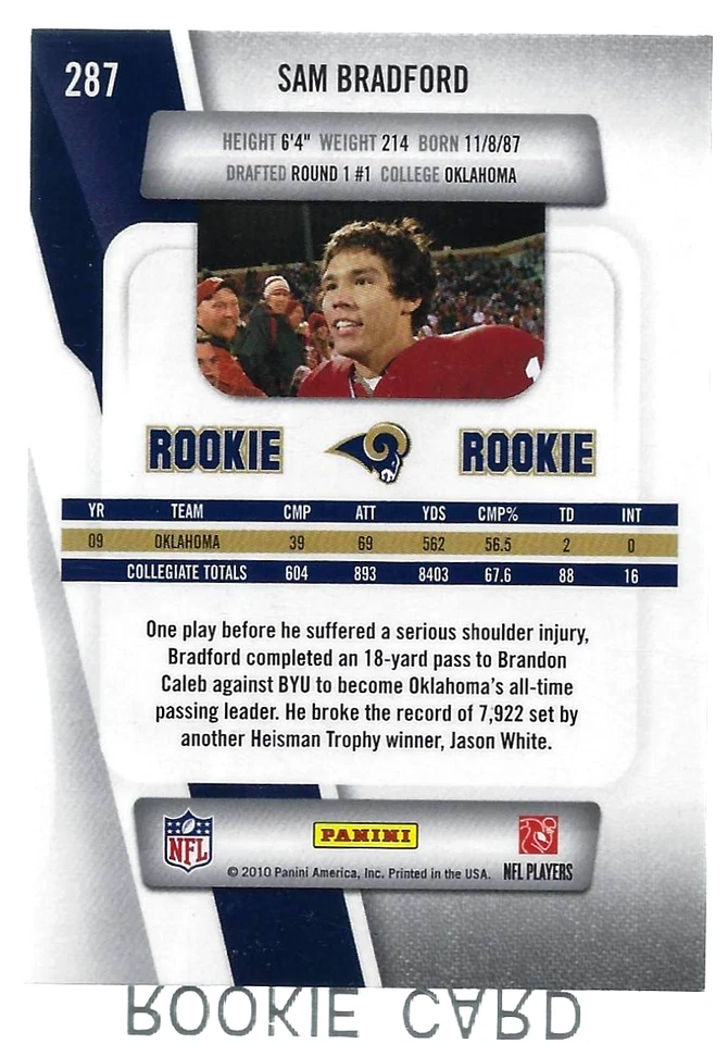 2010 Panini Prestige Sam Bradford #287 Rookie Card St Louis Rams Heisman Trophy - Image 2 of 2