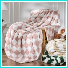 Knitted Pink White Checkered Blanket Super Soft Plush Throw for Couch Fuzzy F...