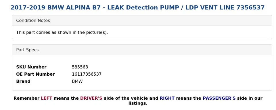 BMW ALPINA B7 2017-2019 - Bomba de detección de fugas/línea de ventilación LDP 7356537 Foto 4 de 4