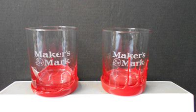Set of 2 MAKERS MARK Red WAX Drip Bourbon Whiskey Rock Glasses