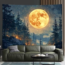 3D Full Moon, Stars & Pine Tree Night Sky Tapestry - Vibrant Polyester Wall Hang