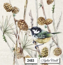(2483) TWO Paper LUNCHEON Decoupage Art Craft Napkins  CHICKADEE BIRD PINE CONES
