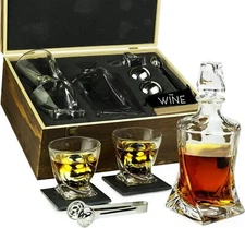 Whiskey Stones & Decanter Gift Set For Men & Women By 2 Xl Stainless Steel Whisk