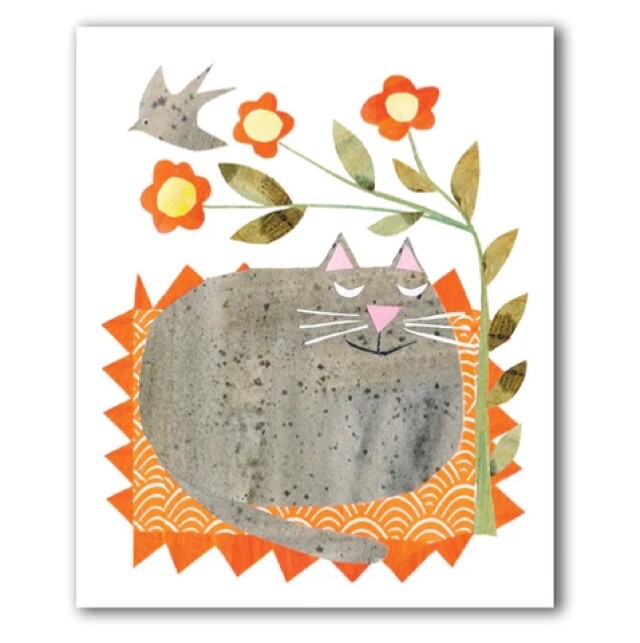Tyson - Fine Art Blank Greeting / Birthday Card - Grey Cat Flowers Bird Collage