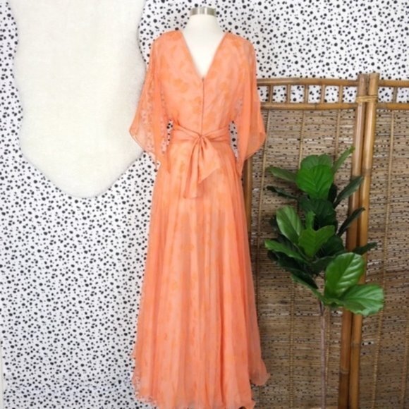 olga orange flower print dress Vintage Olga Orange Floral Flowy Gown Dress XS