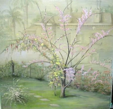 K. HARPER MANSION PINK BLOSSOM TREE GARDEN ORIGINAL OIL MASONITE PAINTING 1962