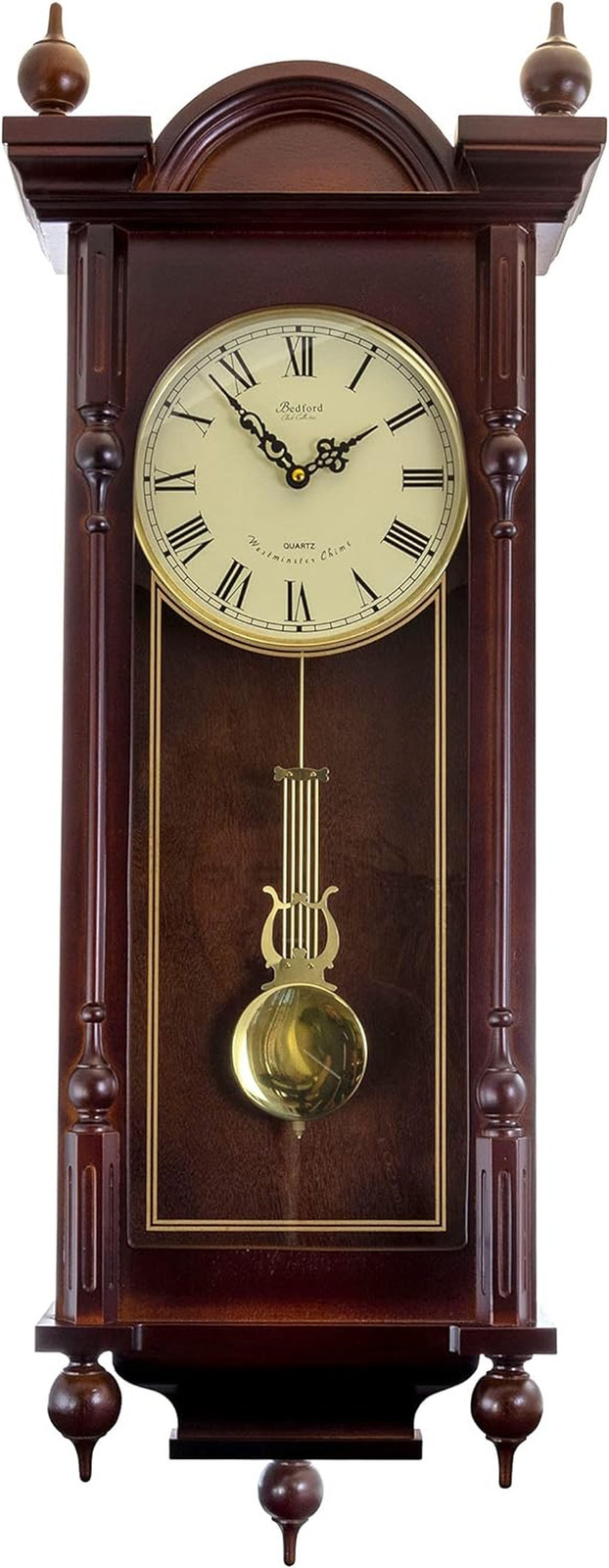 Grand 31 Inch Chiming Pendulum Wall Clock in Antique Mahogany Cherry Finish