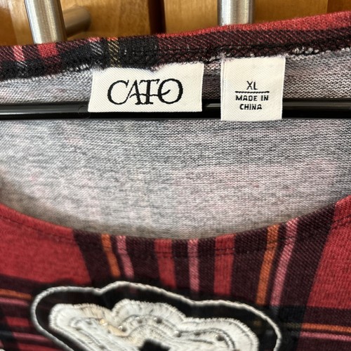 Camicia donna Cato rossa a quadri ricamata borchie incrociate XL pullover increspato elasticizzato - Foto 3 di 10
