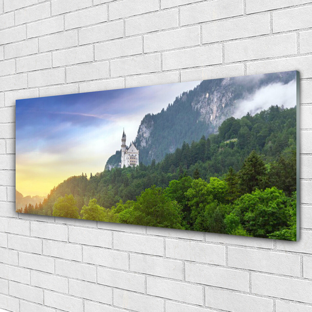 Tableau en verre acrylique 125x50 cm avec paysage de montagnes et forêts panoramique