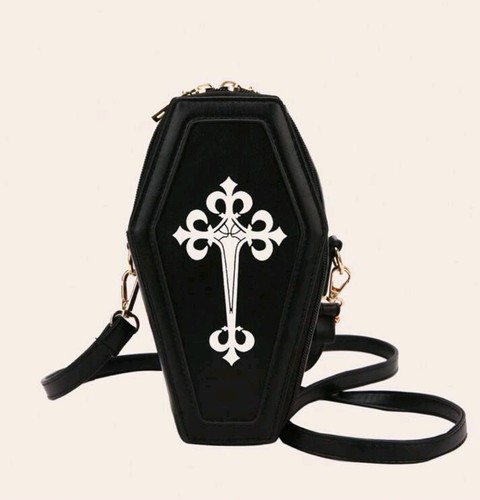 Black Coffin Shaped Gothic Zip & Buckle Chain Crossbody Strap Bag vampire emo - Picture 7 of 7