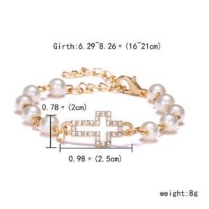 Authentic Gold Plated Pearl Rhinestone Cross Symbol Bracelets (6 2/8")    #046