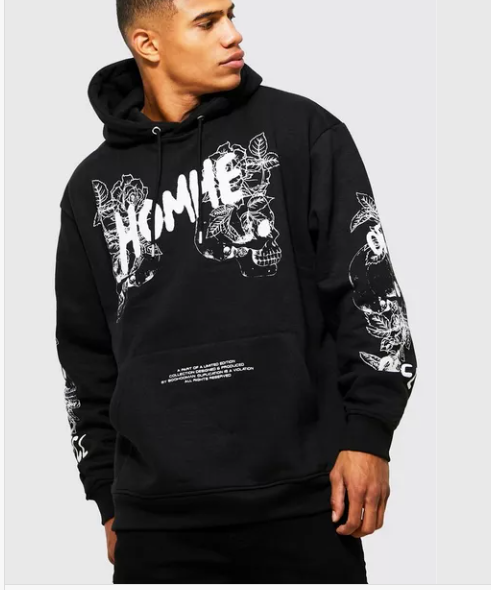 Hoodie Felpa Boohoo Uomo Black Oversized Boxy Cross Embroidered