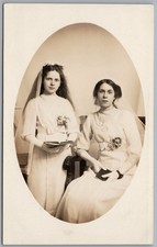 PEOPLE - Two Women In White Dresses Studio Portrait Edwardian RP Postcard
