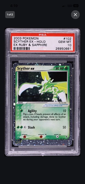 2003 POKEMON EX RUBY & SAPPHIRE #102 SCYTHER EX-HOLO PSA 10