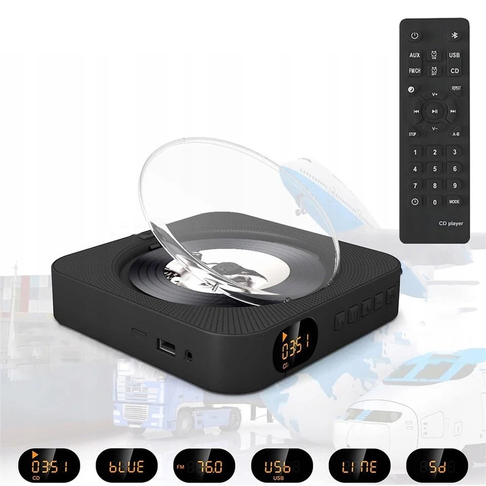 CD-Player mit Bluetooth, FM-Radio, USB, LED-Anzeige, Wandhalterung, Schwarz - Bild 2 von 4