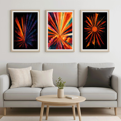 Lebendige abstrakte Sunburst Poster 3er Set | Retro Sonnenstrahl Wandbilder