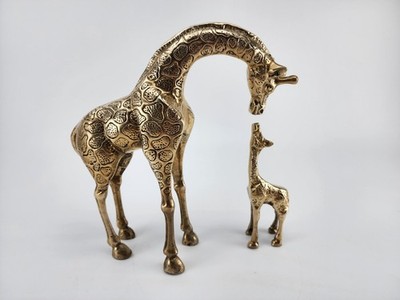 MCM Brass Giraffe Mommy & Baby Kissing 9  & 6.5  Solid   Set Of 2