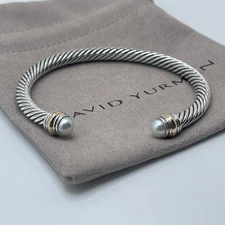 David Yurman 5mm Cable Sterling Silver Pearls and 14K Yellow Gold Bracelet