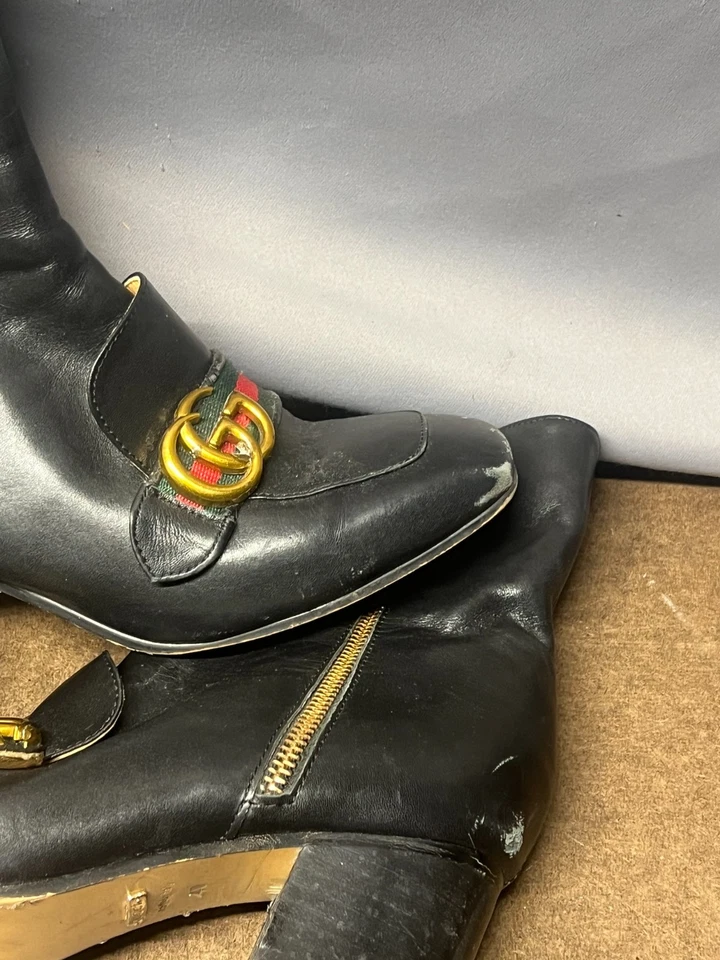 Botines de tobillo Gucci Marmont de cuero negro con tacón de bloque para mujer talla 40 US 10 Foto 2 de 4