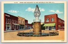 Old Fort North Carolina~Arrow Head Monument~Fence~Awning~Linen 1940s Postcard