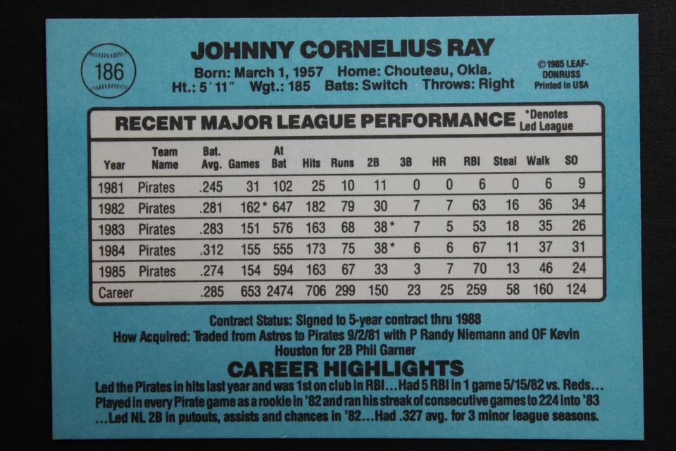 Johnny Ray Pittsburgh Pirates Autographed 1986 Donruss #186 Signed Baseball Card - Image 2 of 3