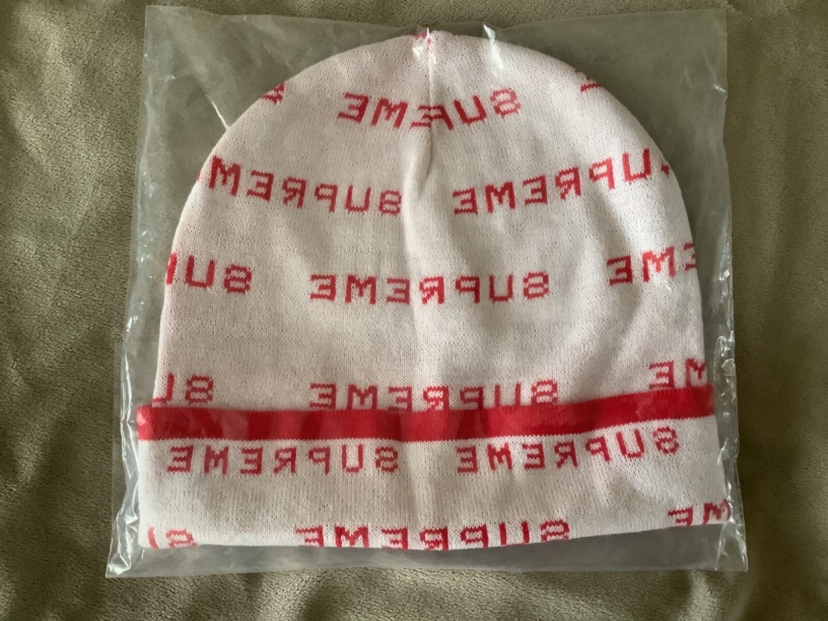 Supreme Repeat Logo Beanie White with Signature Red