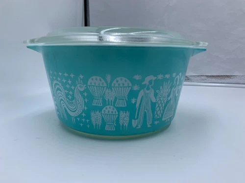Vintage Pyrex BUTTERPRINT AMISH CINDERELLA BOWL w LID #473 1qt Turquoise
